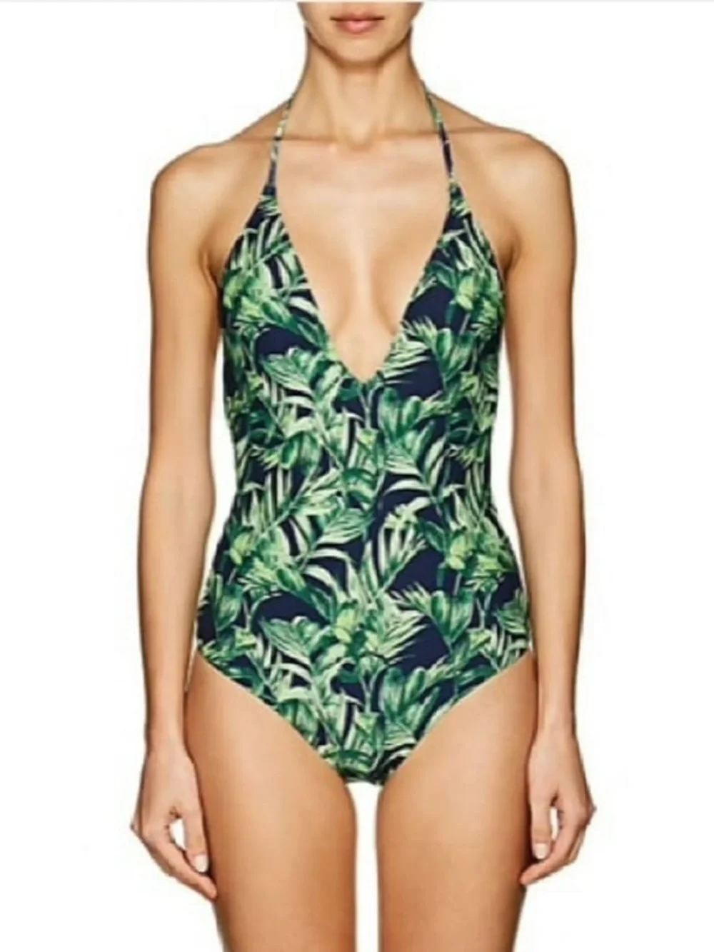 Onia Nina Green Leaf Print Halter One-Piece Swimsuit